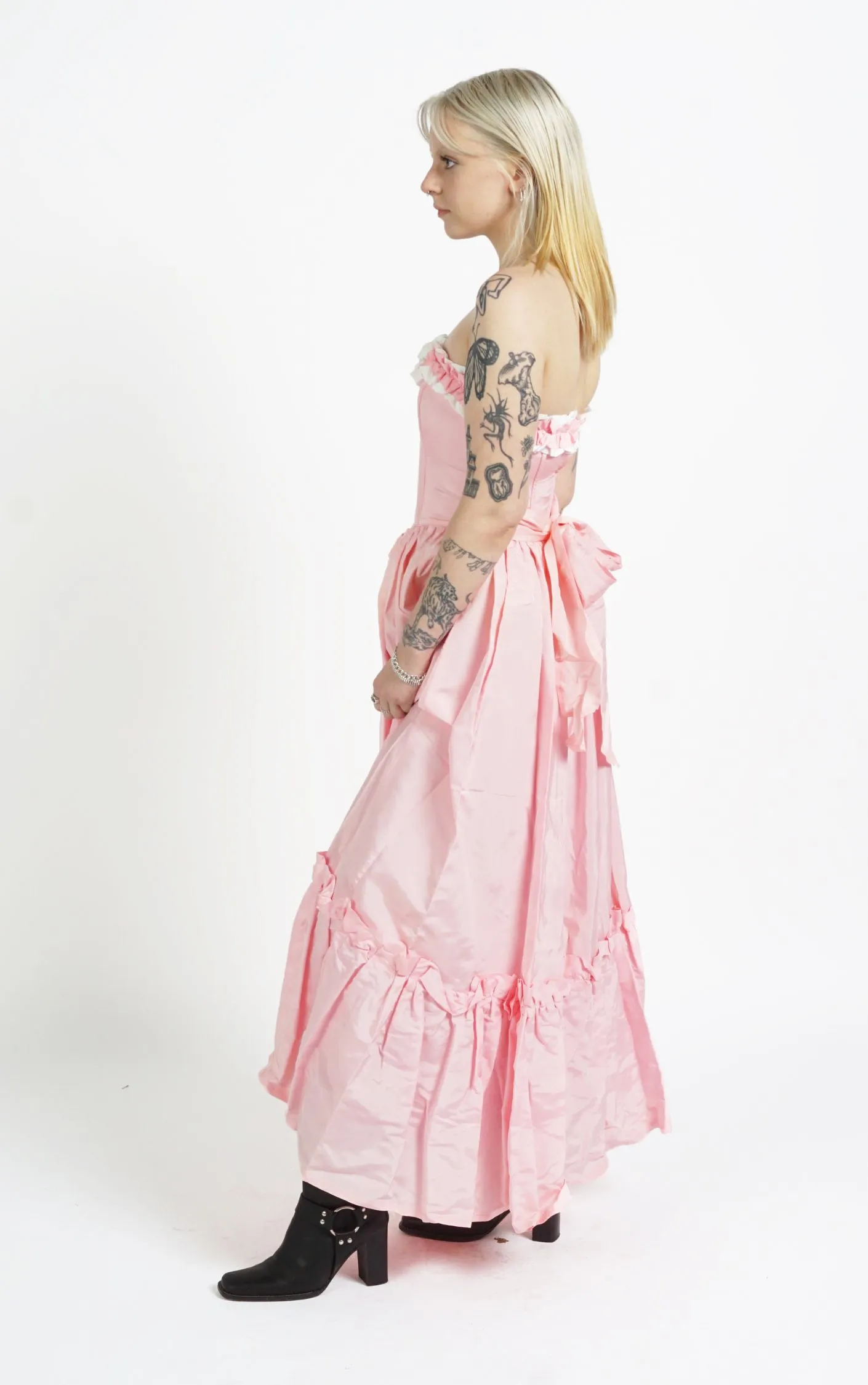 VINTAGE Victorian Pink Ruffled Open Shoulders Babydoll Maxi Dress