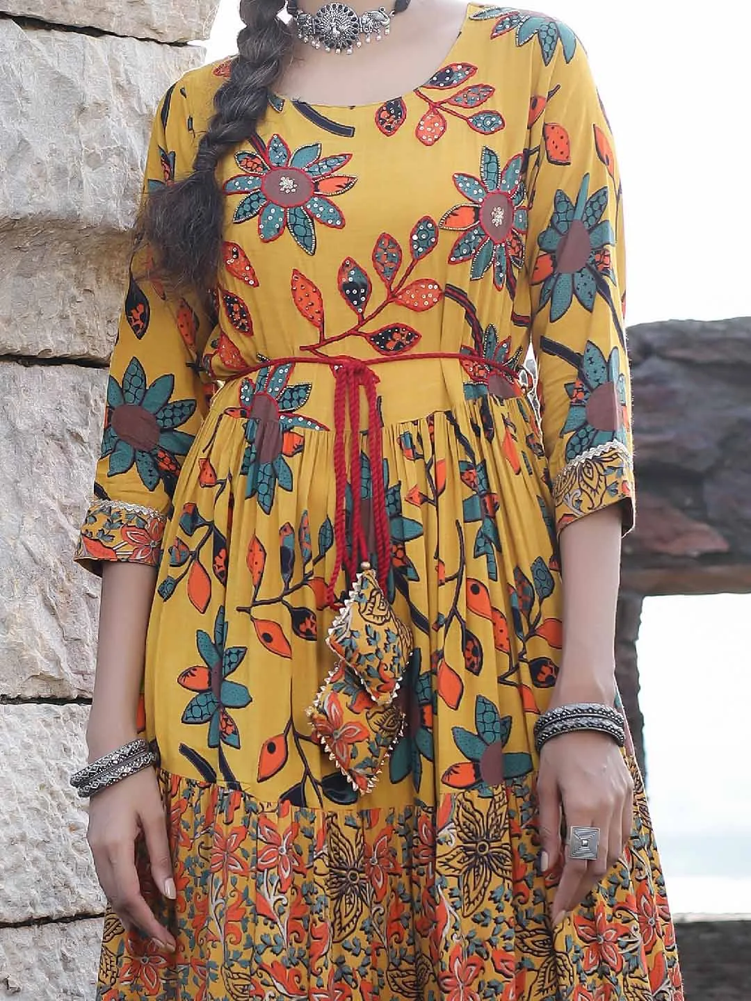 Women Anarkali  Mustard Floral Dress