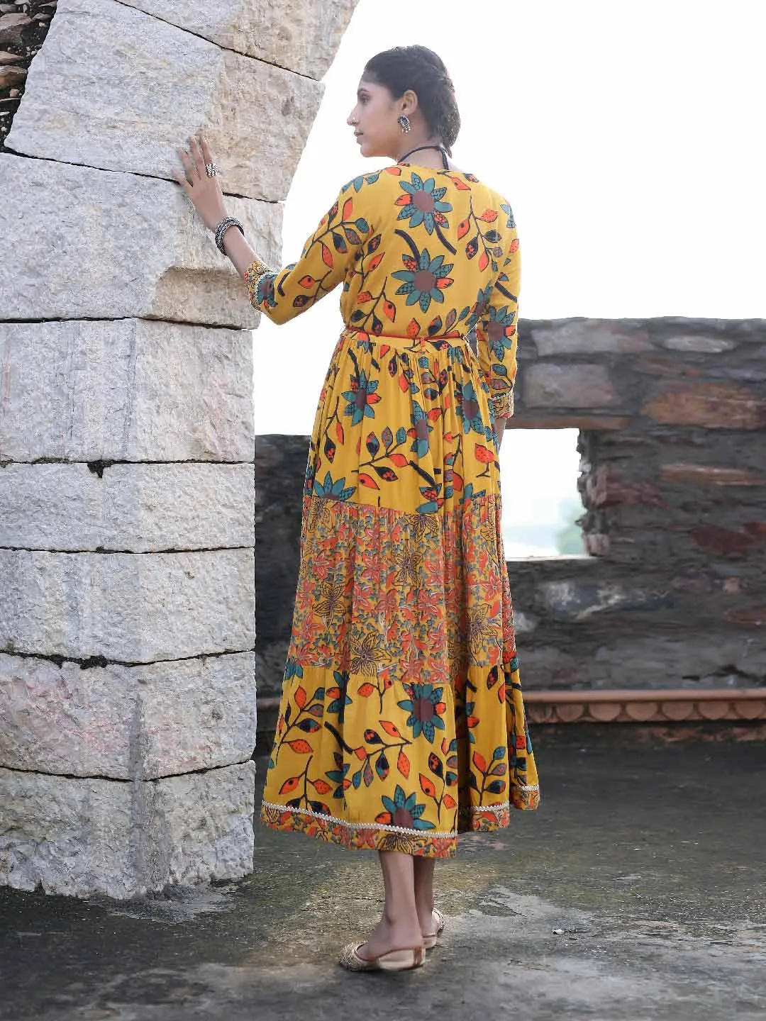 Women Anarkali  Mustard Floral Dress