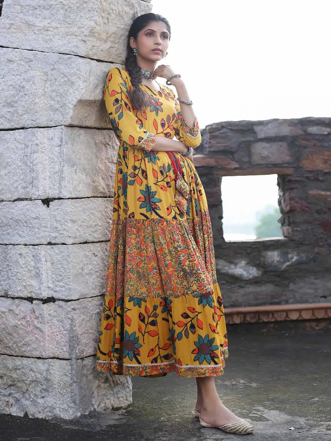 Women Anarkali  Mustard Floral Dress