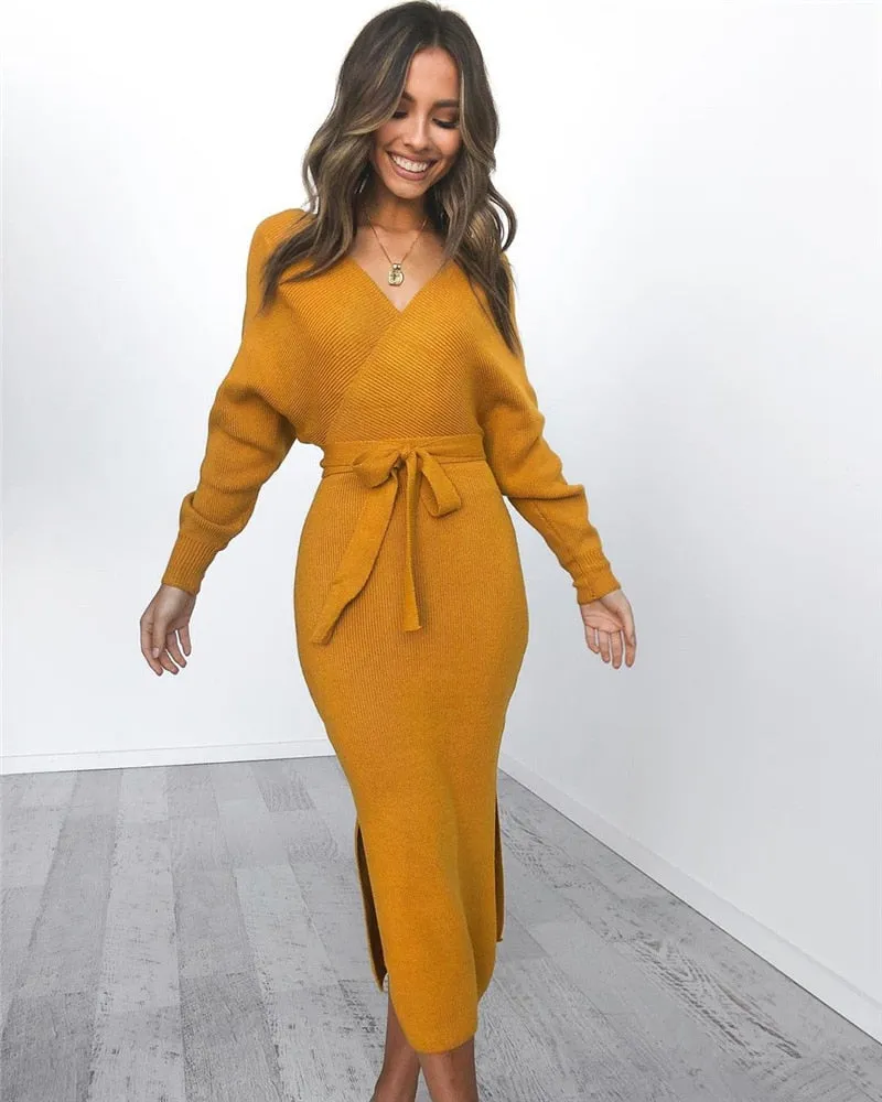 Women's Autumn/Winter Casual Sweater Knitted V-Neck Dress