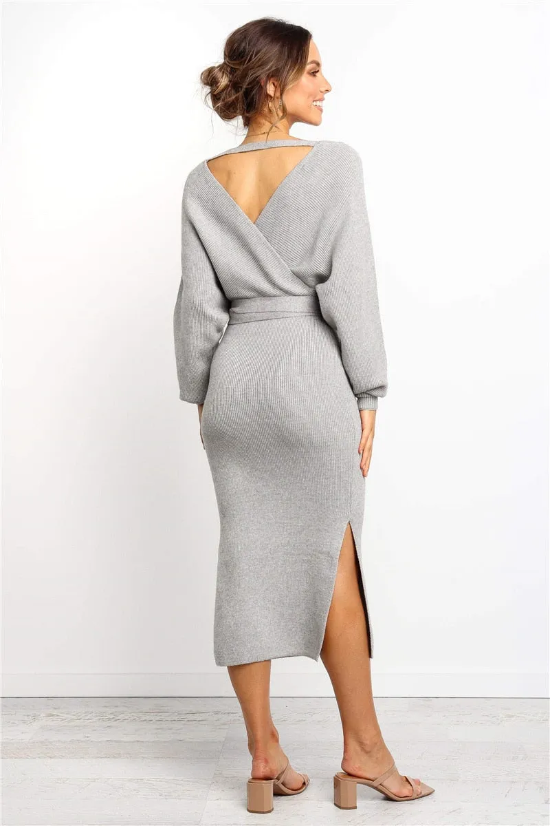 Women's Autumn/Winter Casual Sweater Knitted V-Neck Dress