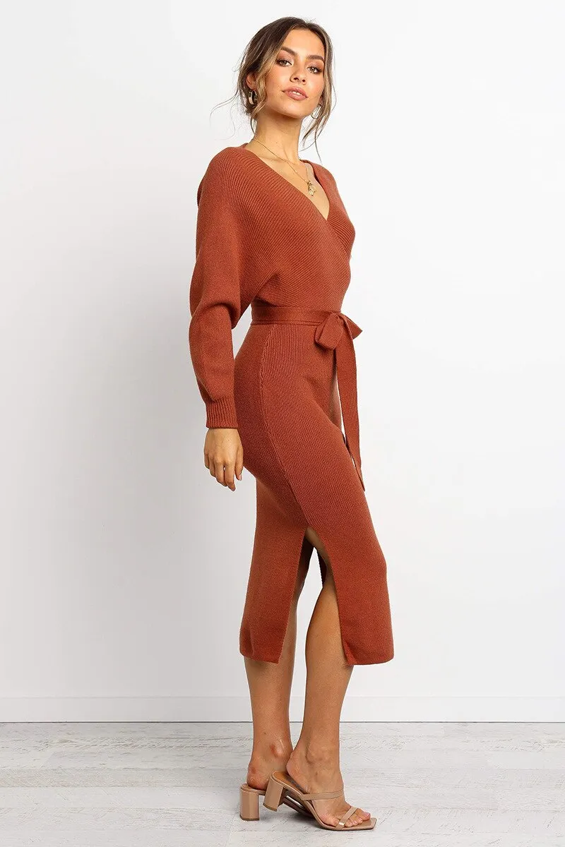 Women's Autumn/Winter Casual Sweater Knitted V-Neck Dress
