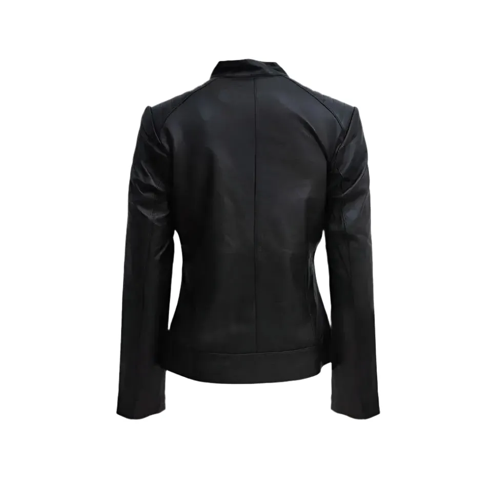 Women's Black Zipper Biker Jacket with Lip Collar