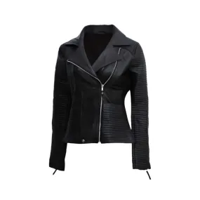 Women's Black Zipper Biker Jacket with Lip Collar