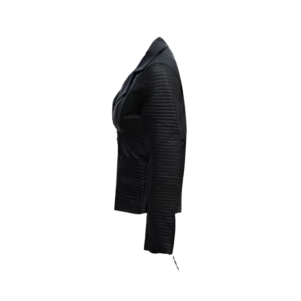 Women's Black Zipper Biker Jacket with Lip Collar