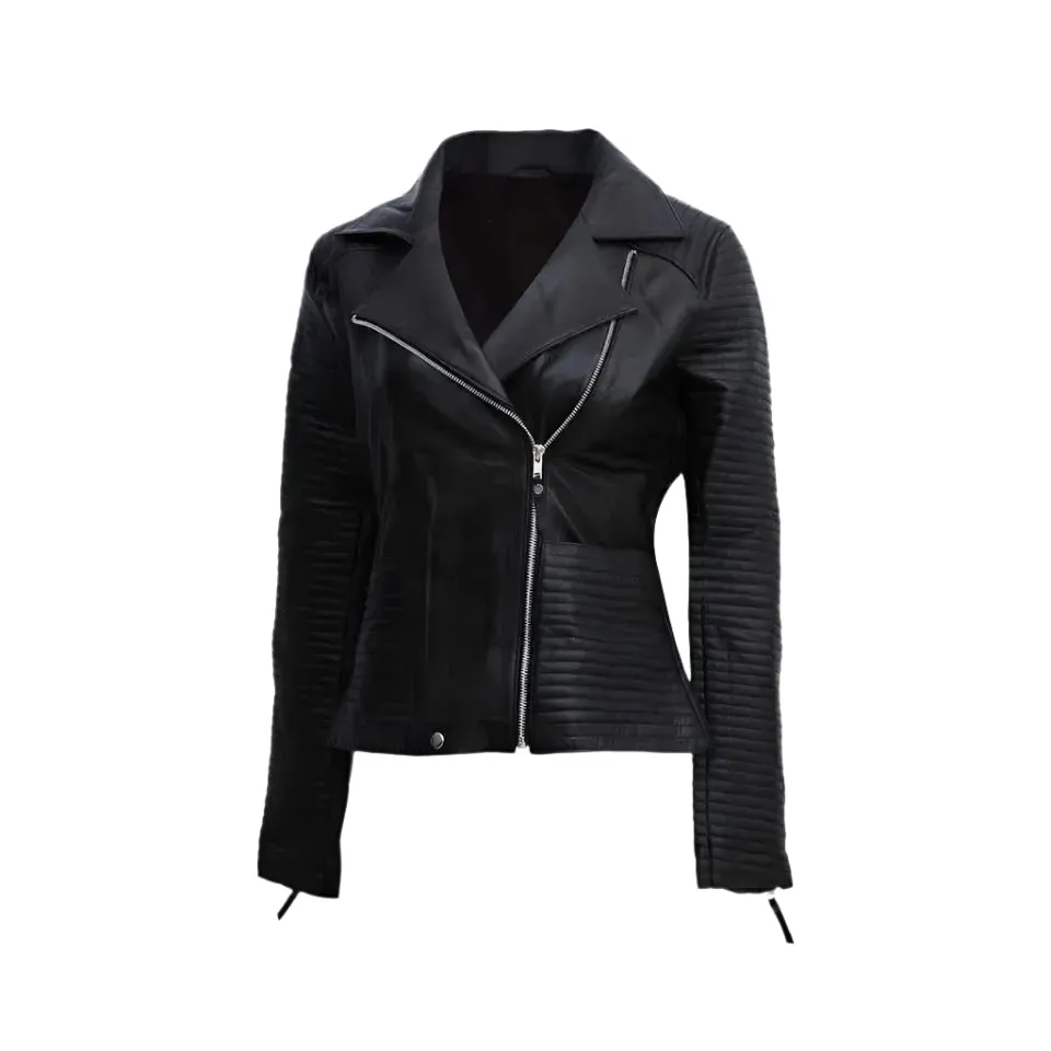 Women's Black Zipper Biker Jacket with Lip Collar