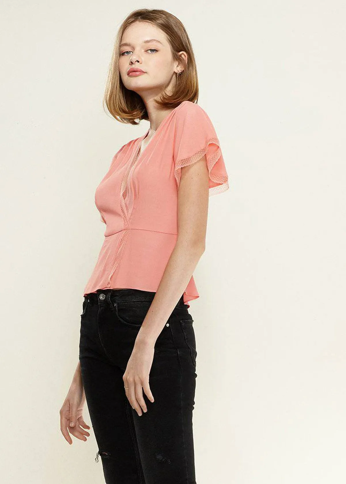 Women's Lace Trim Cape Sleeve Wrap Blouse in Coral