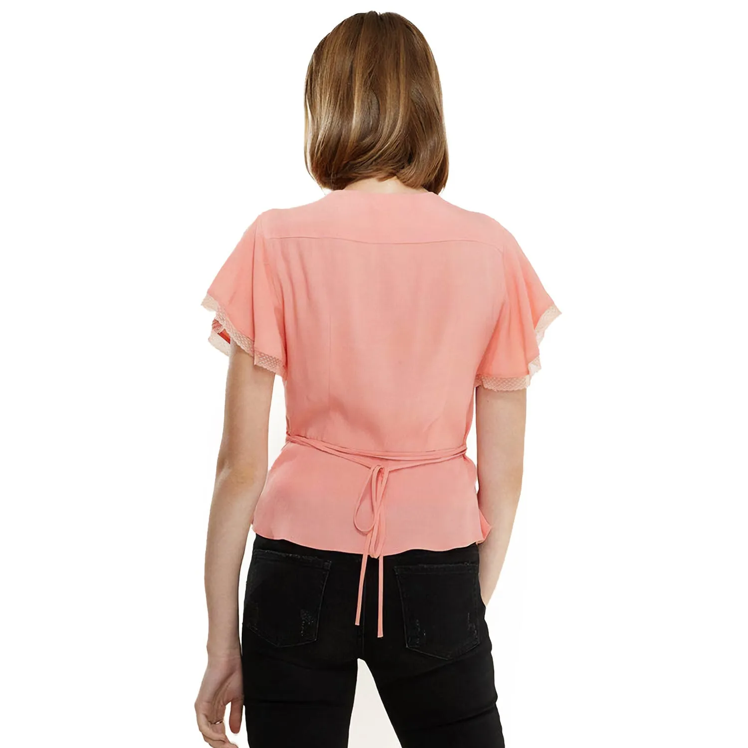 Women's Lace Trim Cape Sleeve Wrap Blouse in Coral