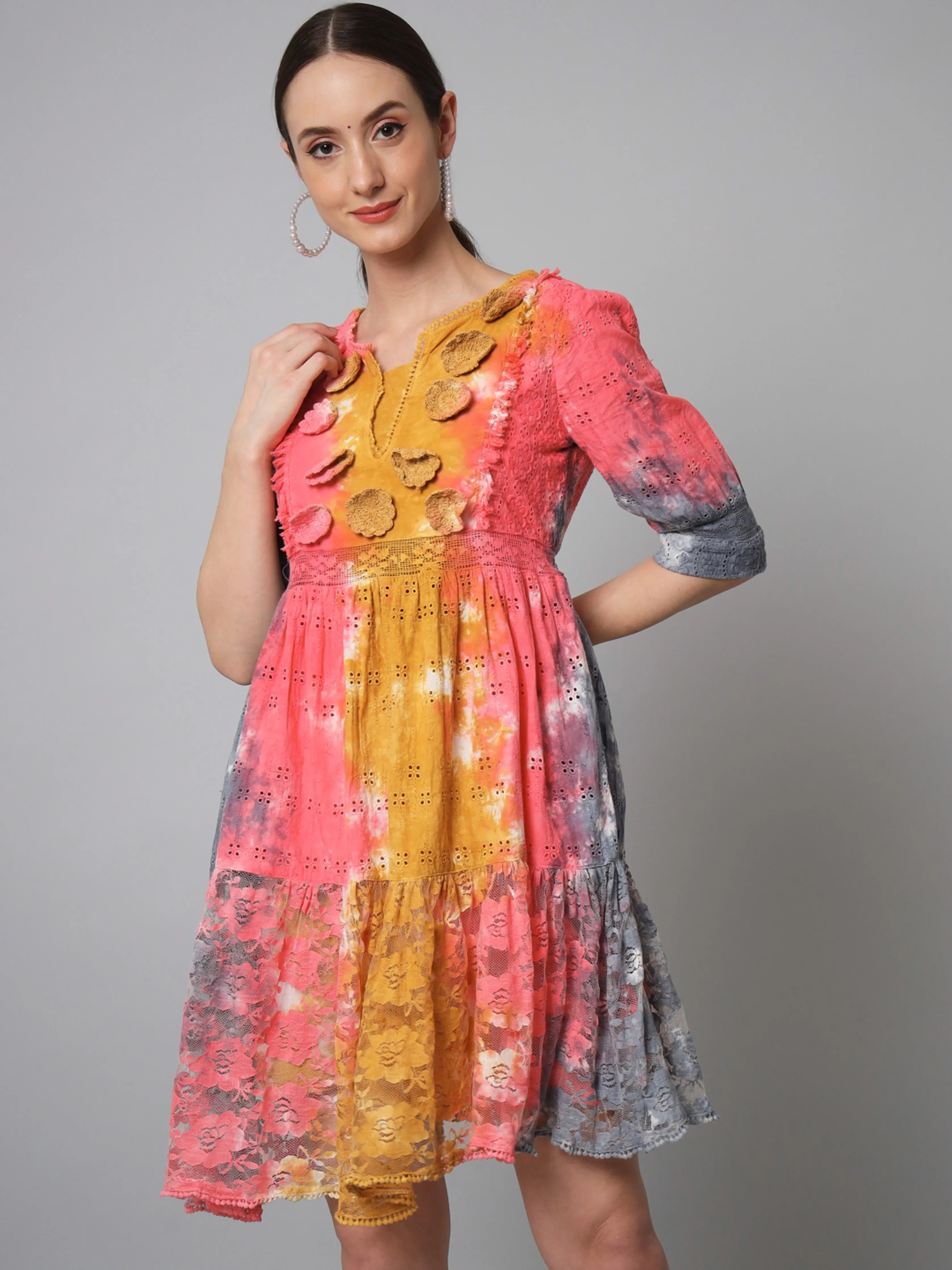 Womens Multicolor Schiffli Flared Tiered Short Dress