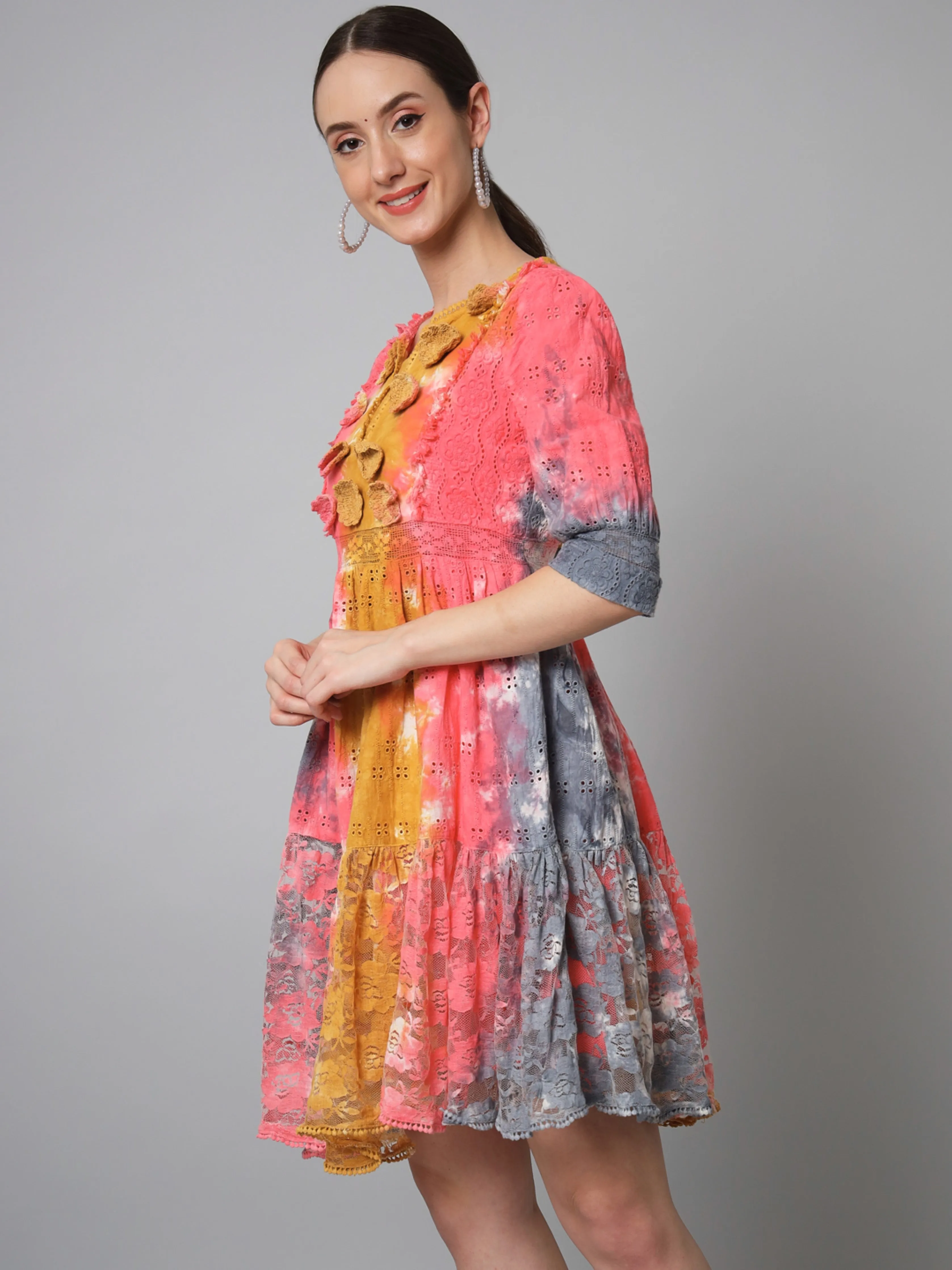 Womens Multicolor Schiffli Flared Tiered Short Dress