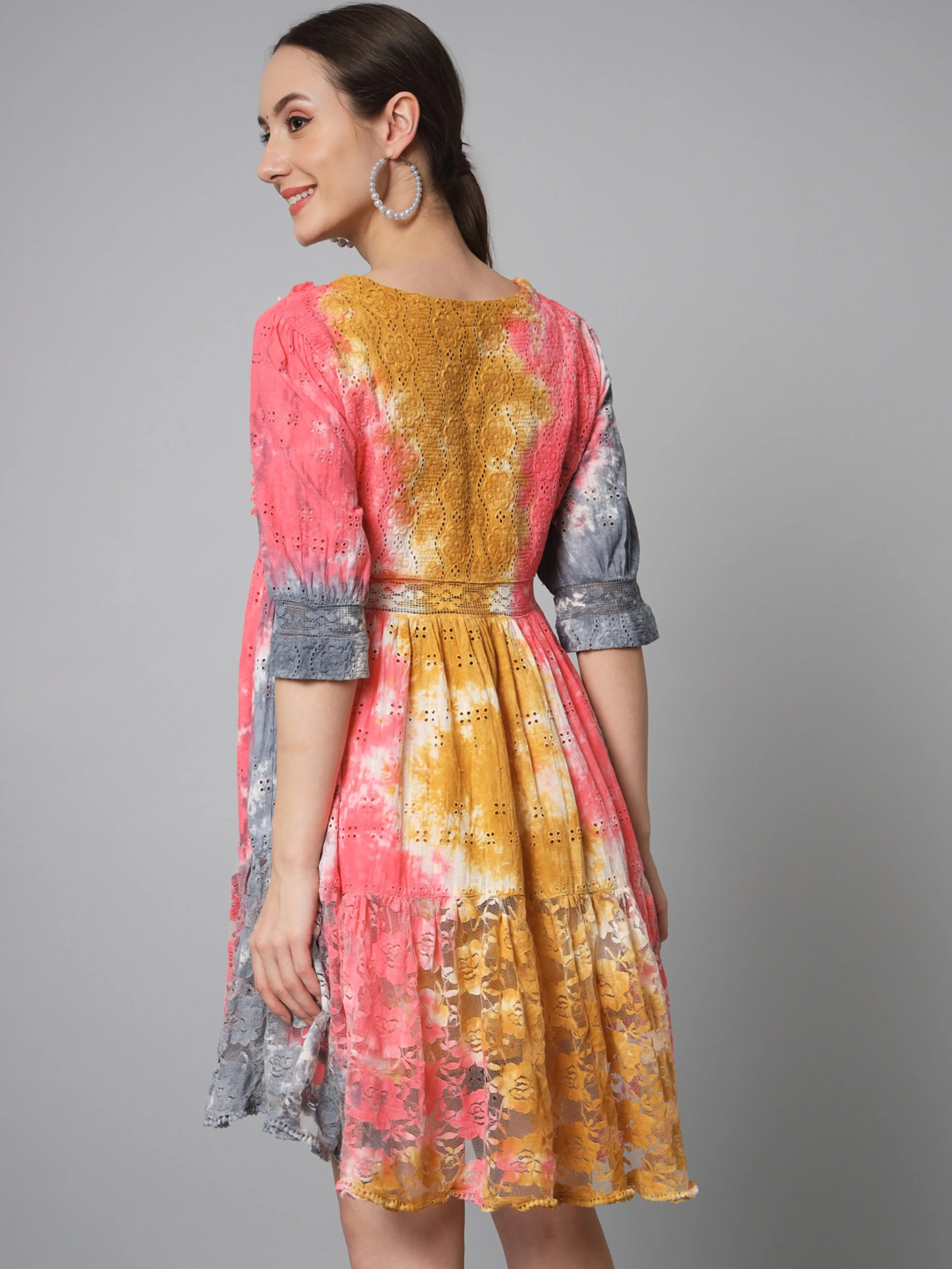 Womens Multicolor Schiffli Flared Tiered Short Dress