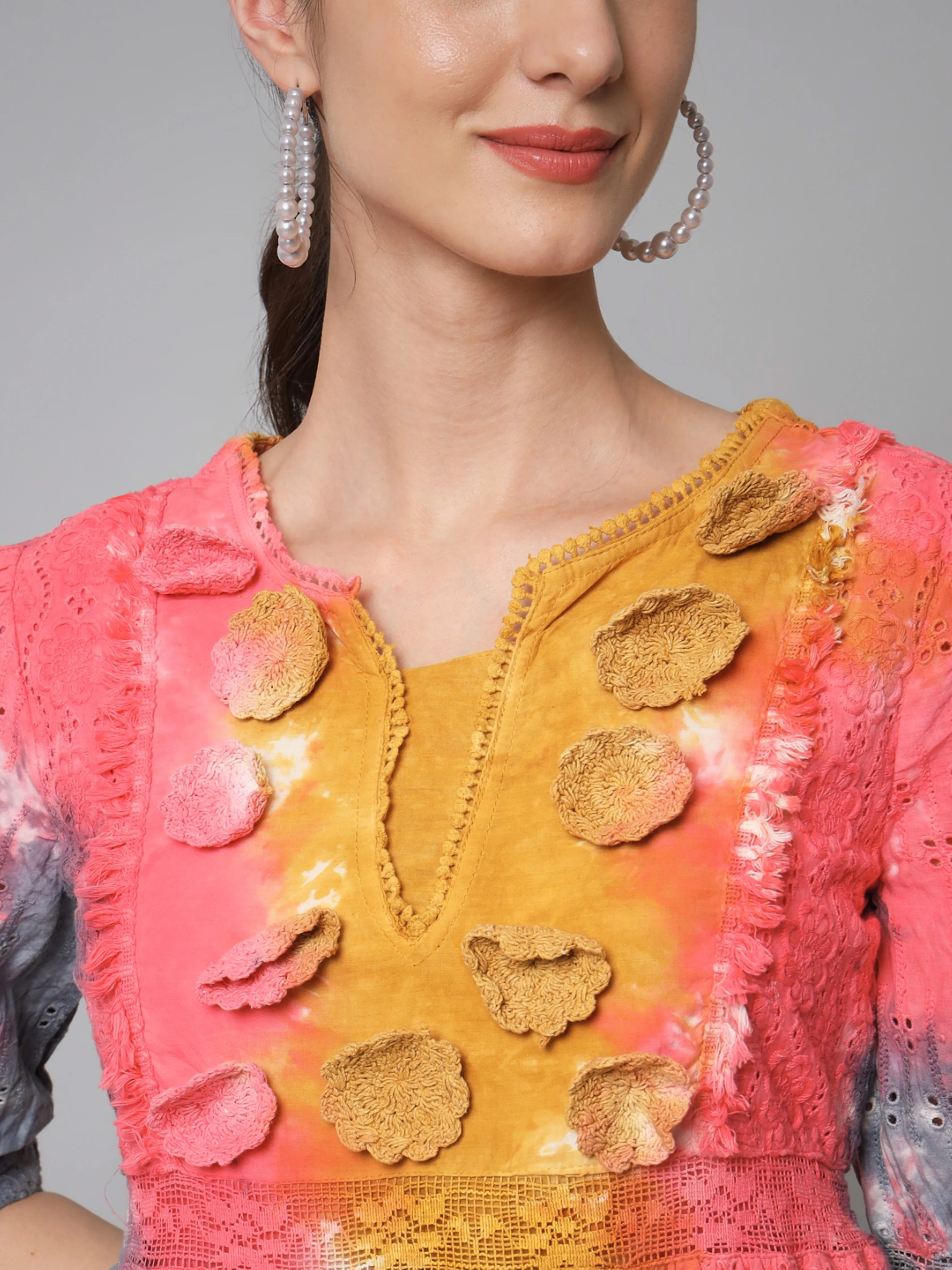 Womens Multicolor Schiffli Flared Tiered Short Dress