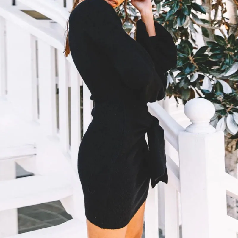 Women's Spring/Autumn Casual Knitted Sweater V-Neck Dress
