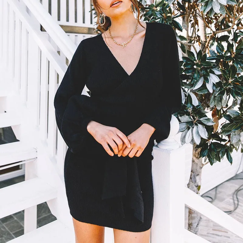 Women's Spring/Autumn Casual Knitted Sweater V-Neck Dress