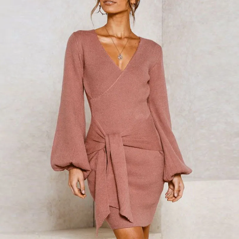 Women's Spring/Autumn Casual Knitted Sweater V-Neck Dress
