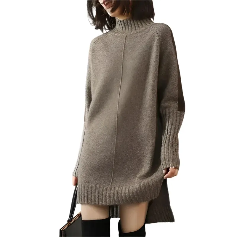 Women's Turtleneck Knitted Sweater Dress - Warm Autumn Winter Pullover with Split Hem, Thick Wool Crochet Y2K Cardigan Jumper