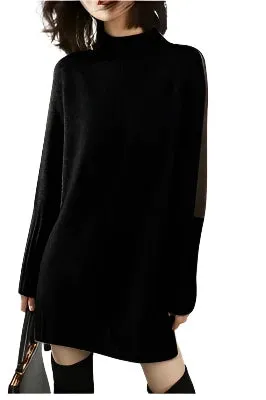 Women's Turtleneck Knitted Sweater Dress - Warm Autumn Winter Pullover with Split Hem, Thick Wool Crochet Y2K Cardigan Jumper