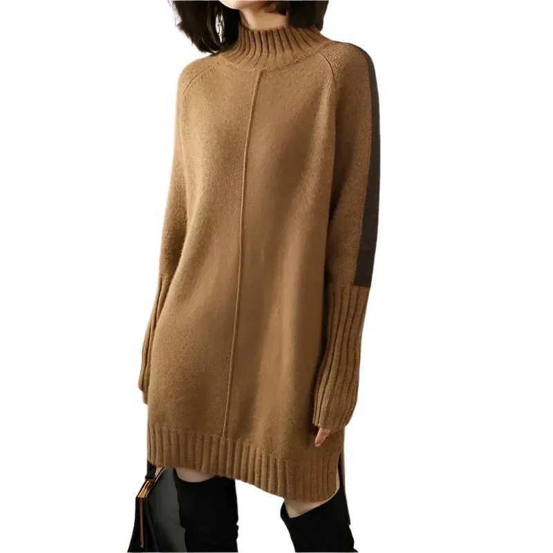 Women's Turtleneck Knitted Sweater Dress - Warm Autumn Winter Pullover with Split Hem, Thick Wool Crochet Y2K Cardigan Jumper