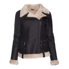 Women's Vanilla Faux Fur Merino Shearling Brown Leather Jacket