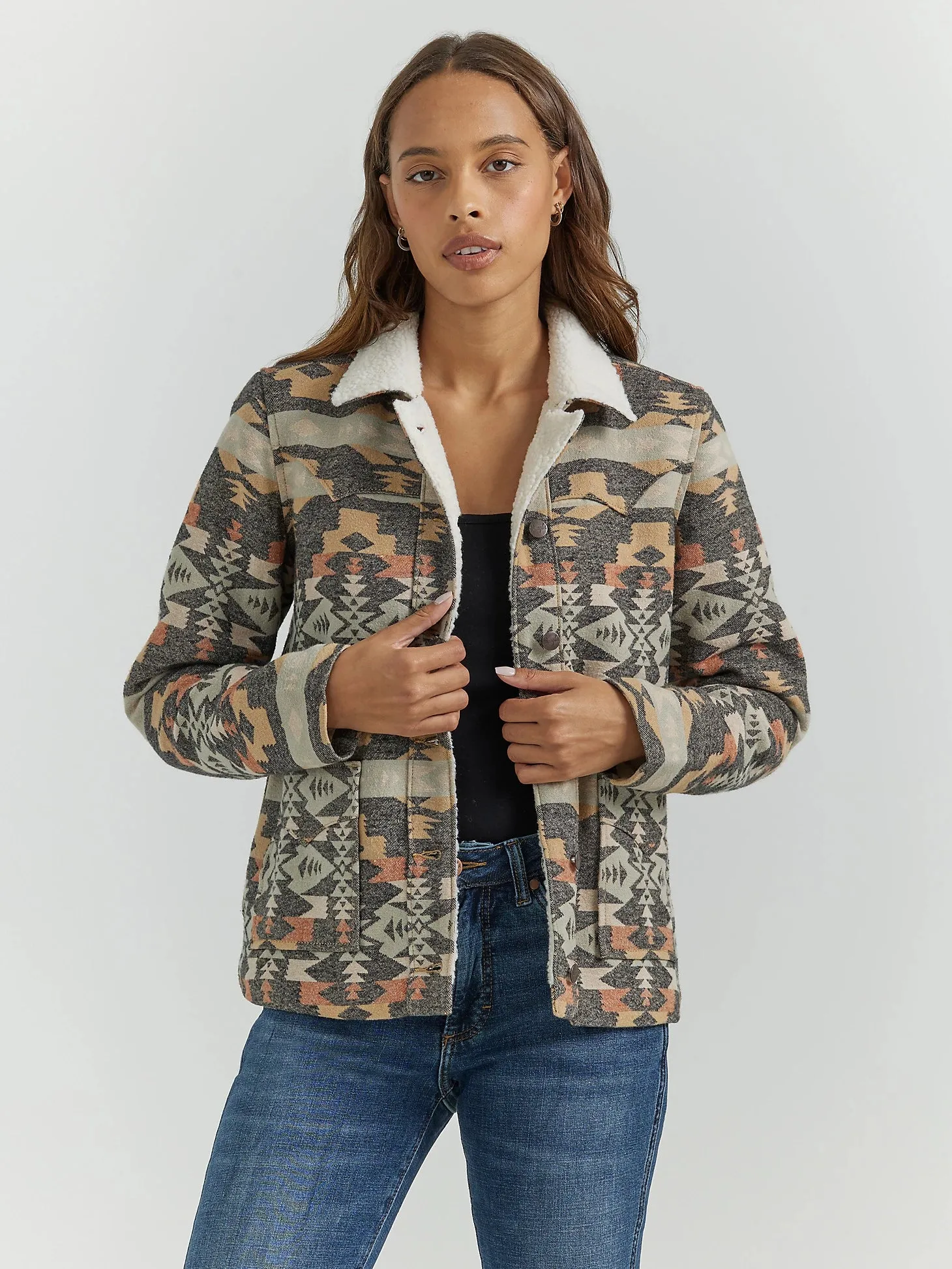 Women's Wrangler® Sherpa Lined Southwestern Barn Jacket in Grey Geo