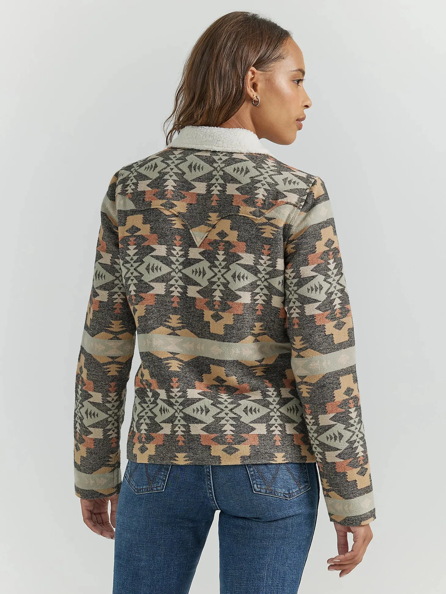 Women's Wrangler® Sherpa Lined Southwestern Barn Jacket in Grey Geo