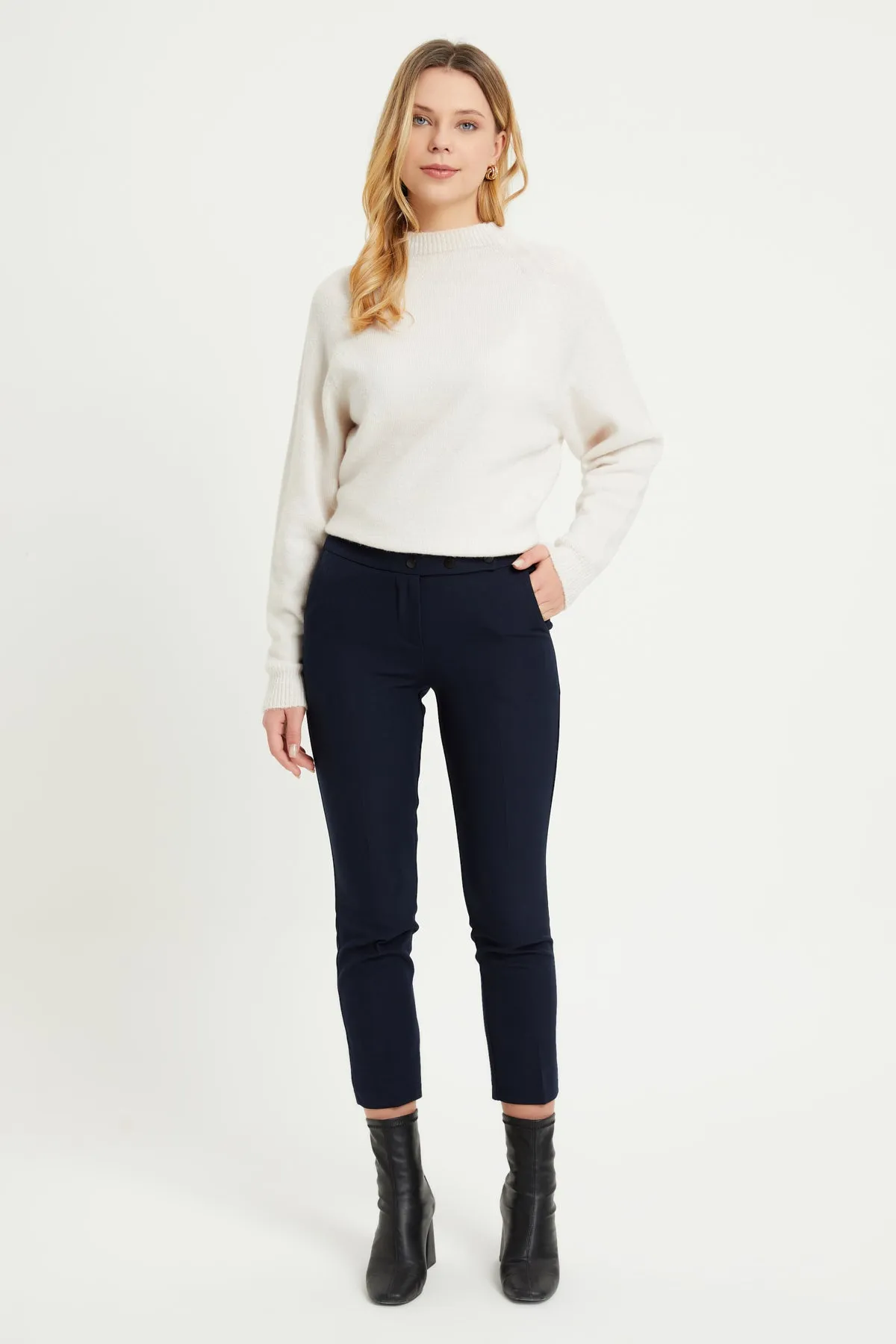 ZRF Women Cigarette 3 Button Pants - Navy Blue - Draper