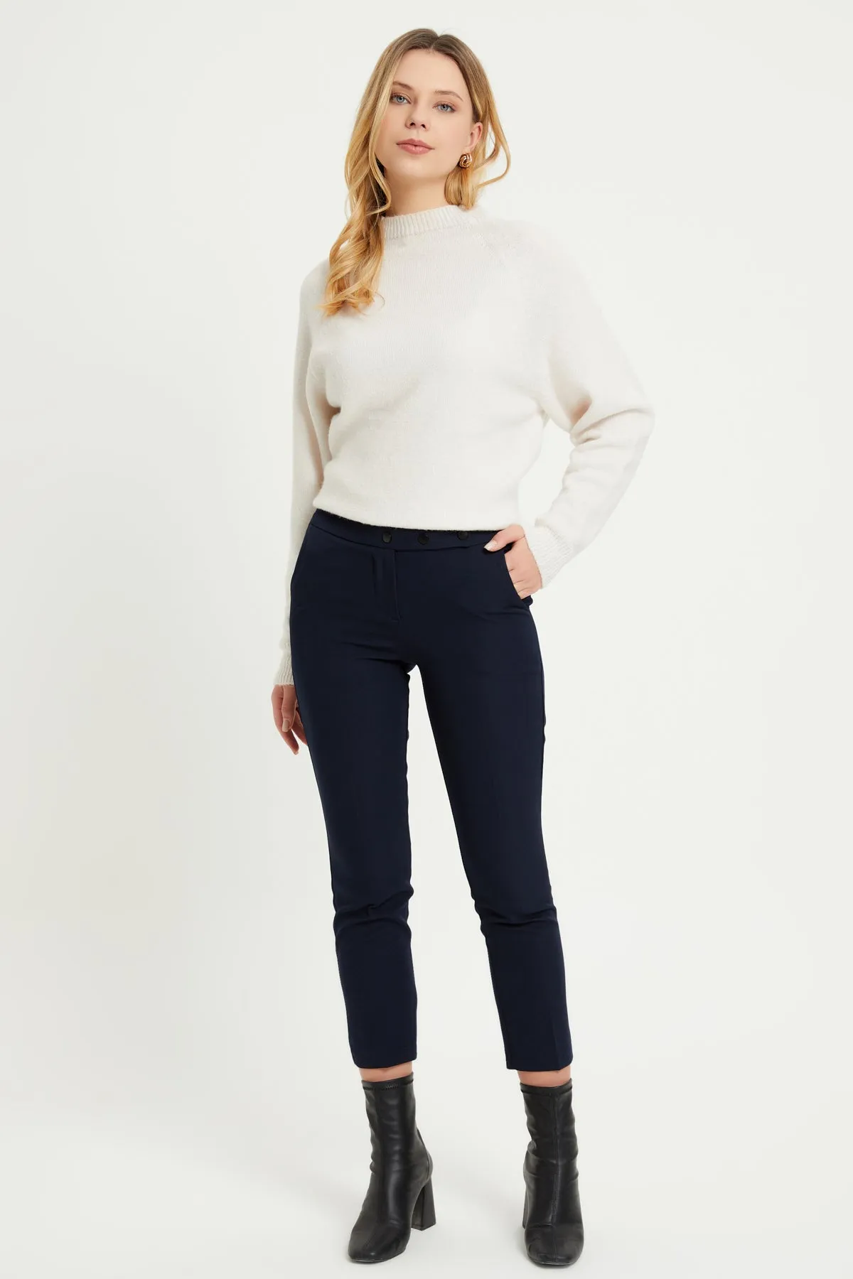 ZRF Women Cigarette 3 Button Pants - Navy Blue - Draper