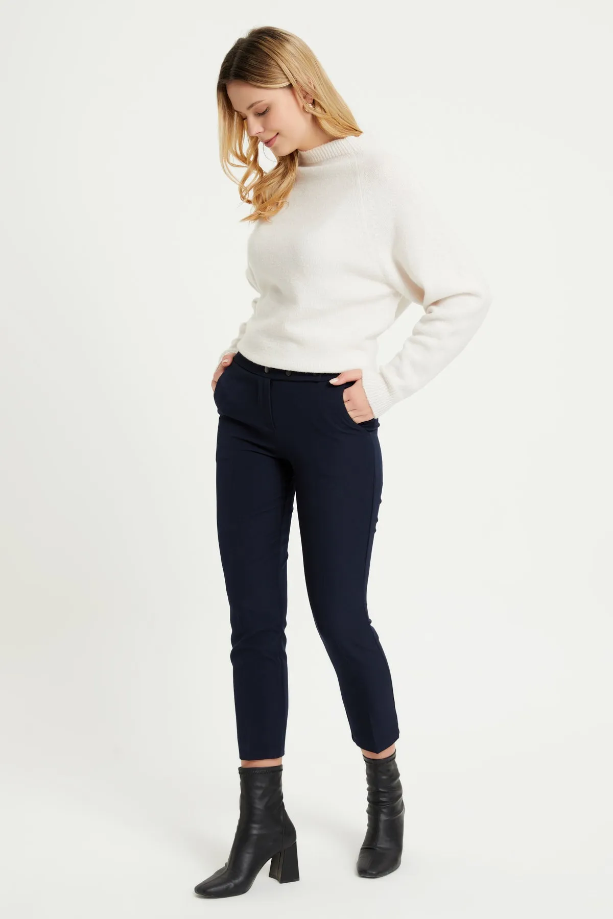 ZRF Women Cigarette 3 Button Pants - Navy Blue - Draper